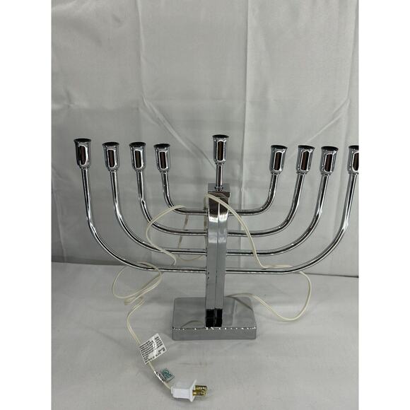 Silver Chrome Electric Lighted Menorah Flickering Bulbs Jacob Rosenthal 13" - Picture 2 of 8